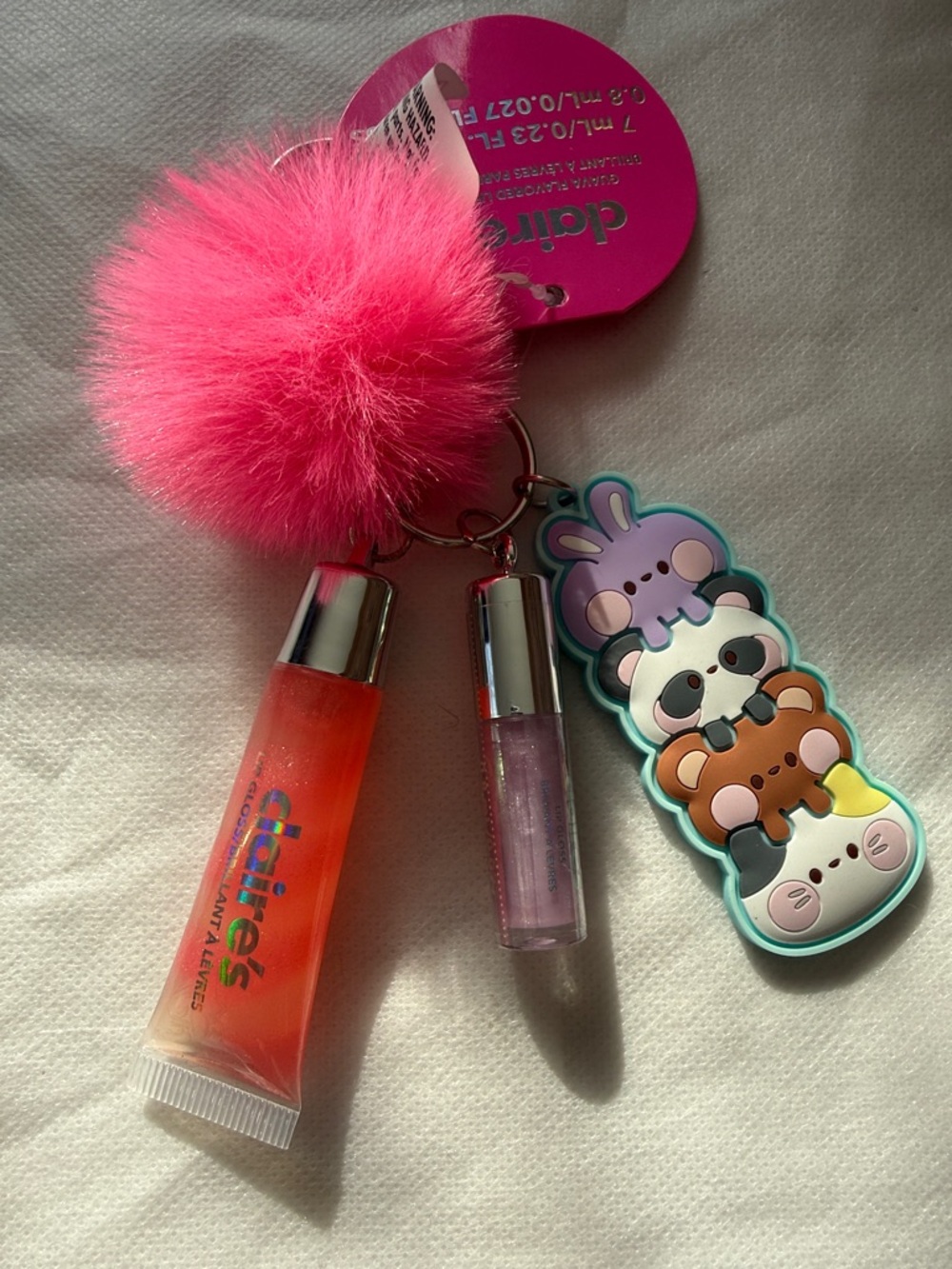 Claire's Squish’em Critter Pom-Pom Keychain Animal Stack Charm and Lipgloss NEW